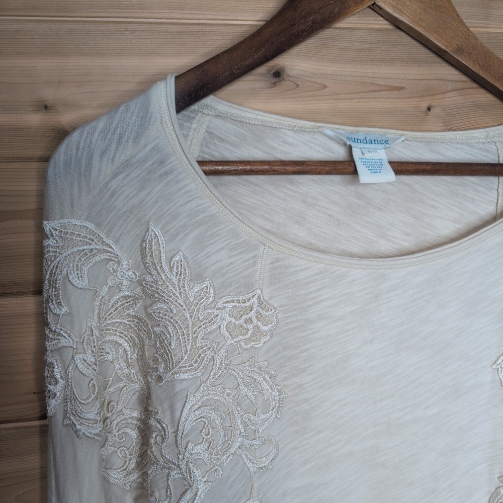 Sundance Cream Cotton Slub Lace Applique Long Sleeve Top Grey Cuffs Womens L - Picture 2 of 9